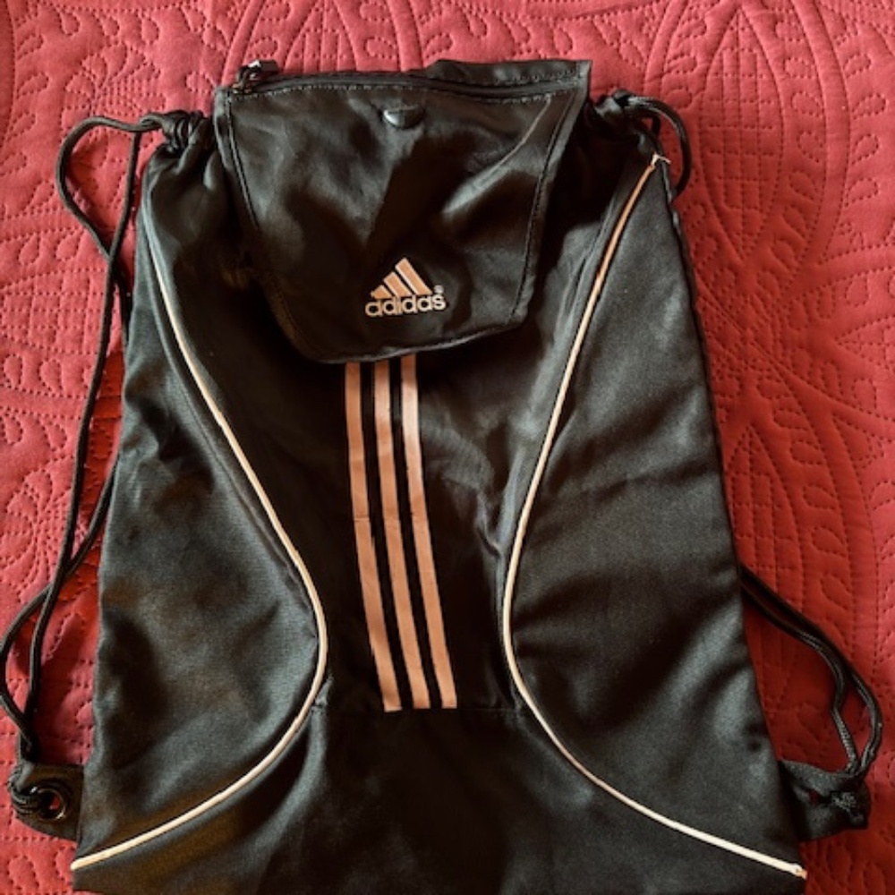 Adidas backpack drawstring, black with pink, good condition